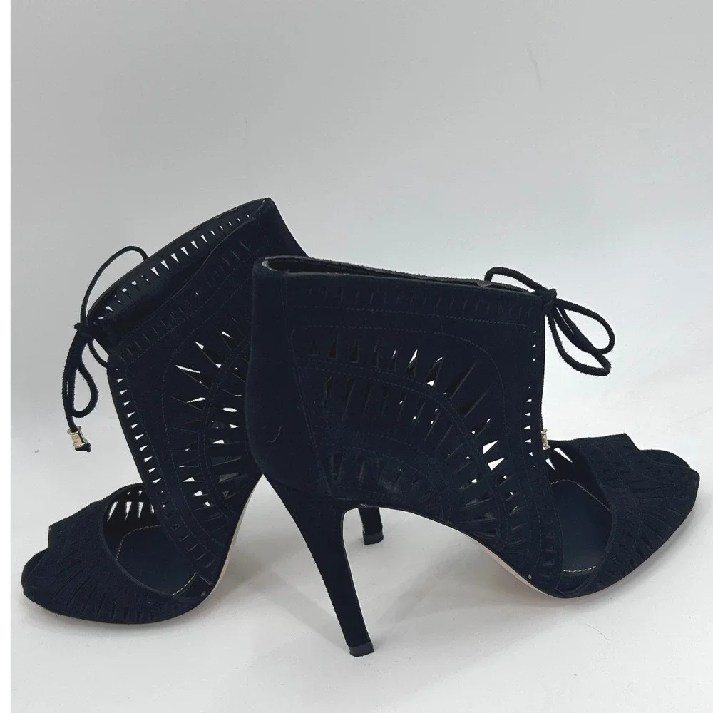 Ivanka Trump Delfino Suede High Heel Sandal Size 7.5 Black Peep Toe Laser Cut